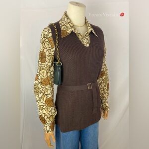 VINTAGE 1990'S BELTED V-NECK CABLE KNIT SWEATER VEST IN BROWN